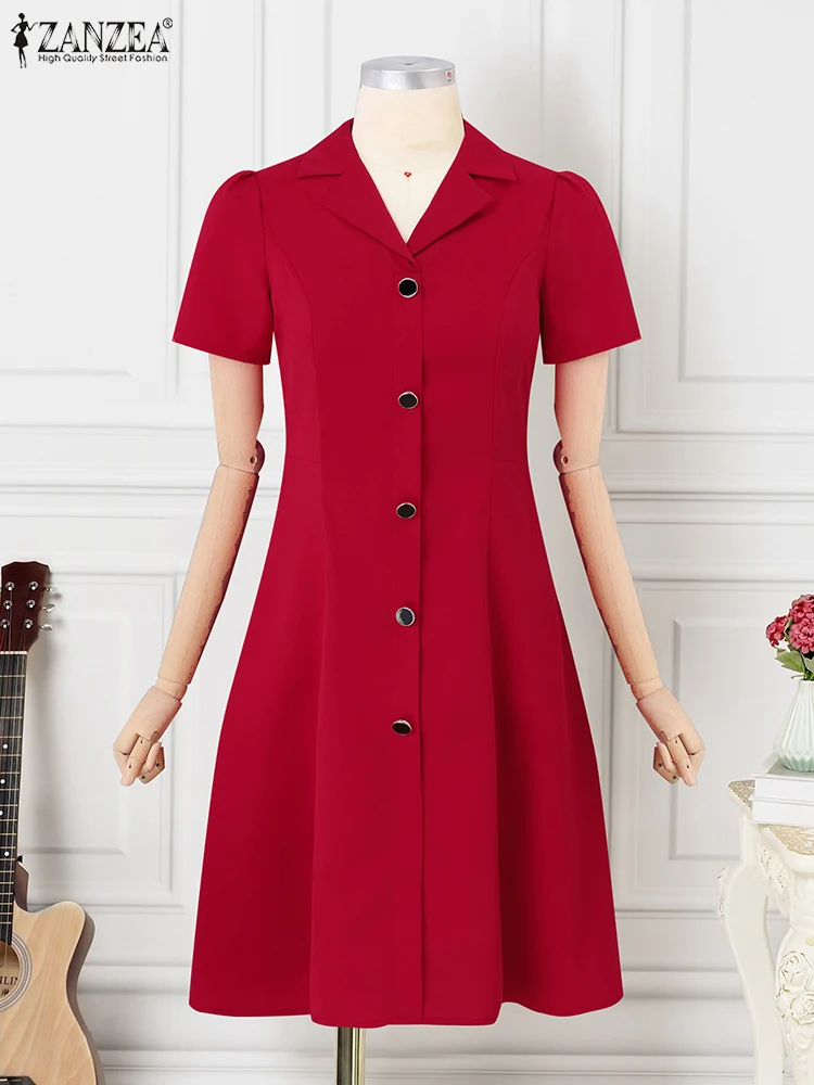 ZANZEA Women Elegant Long Shirt Dress Korean Lapel Collar Party Dress 2024 Summer Waisted Robe Casual Short Sleeve Work Sundress 4