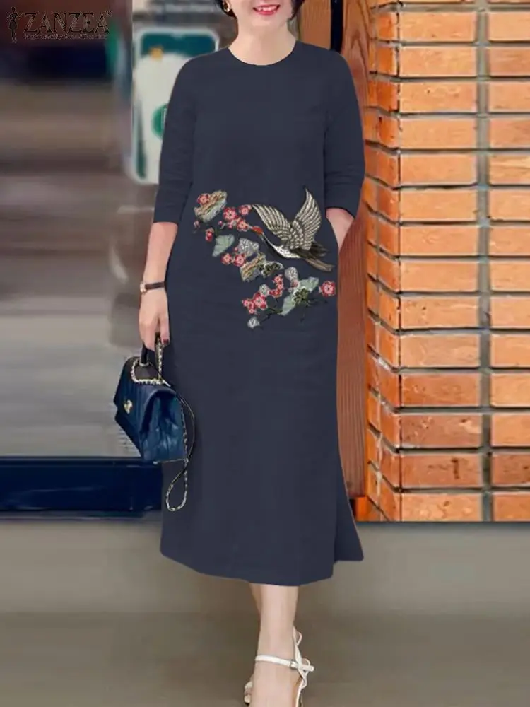 ZANZEA Women Vintage Embroidery Sundress O-neck Leisure Side Slit Holiday Vestido 3/4 Sleeve 2024 Summer Loose Casual Midi Dress 3