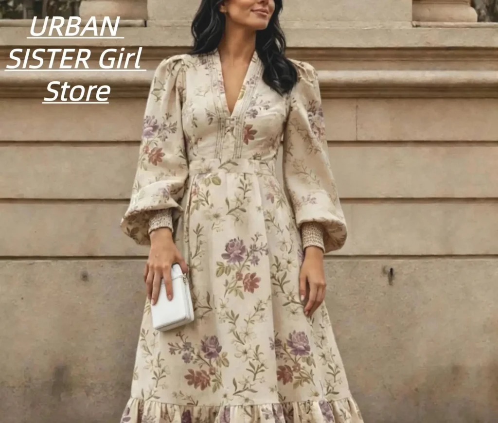 Vintage Floral Print V-Neck Puff Long Sleeve Dress with Elastic Cuffs, High Waist, Layered Ruffles, and a Long Design in a Pastoral Style for Vacation and Travel Photography 6