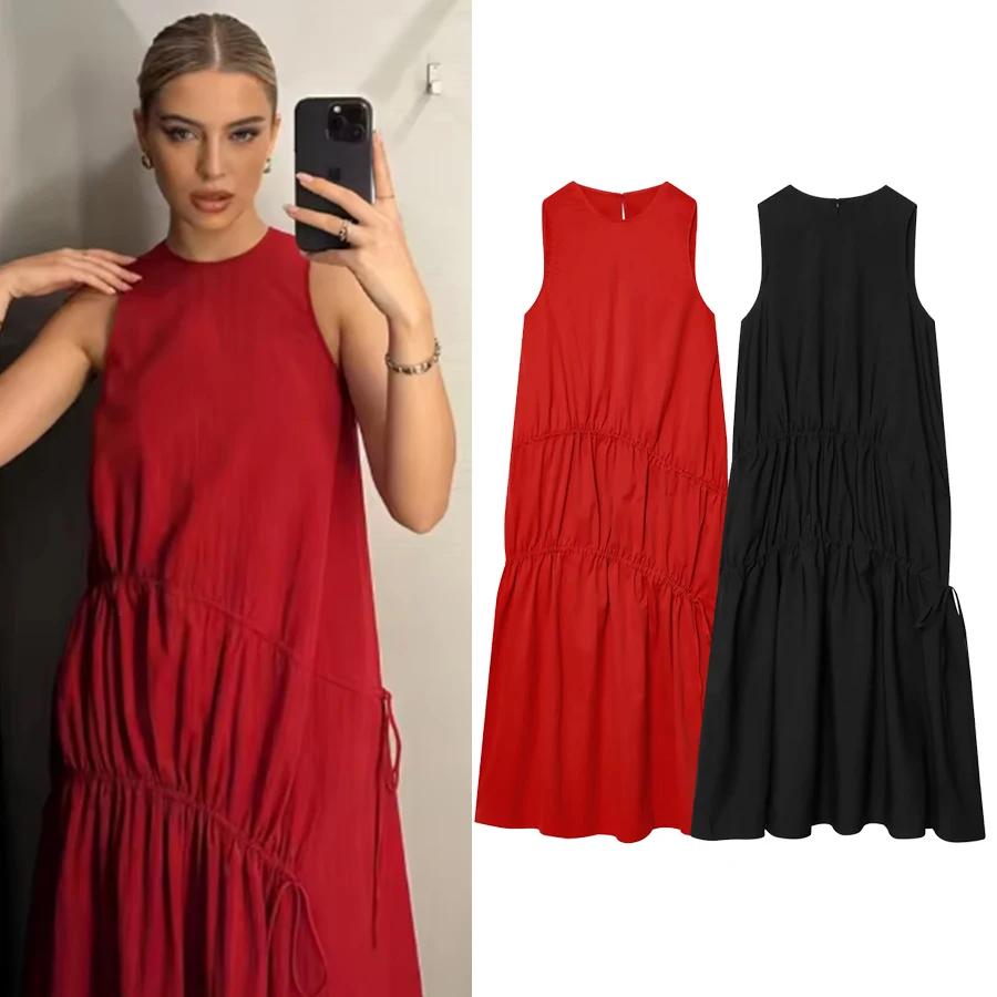 Women New Summer Sleeveless O-neck Long Dress Women's French Style Loose Vintage Bow Midi Dress Female Beach Dress Vestido 1