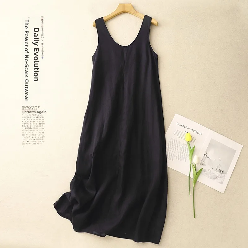 New Summer Casual Cotton Linen Svel Dr Soft Fabric Thin Sle Artistic High Waist round Ne Long Dr for Women 4