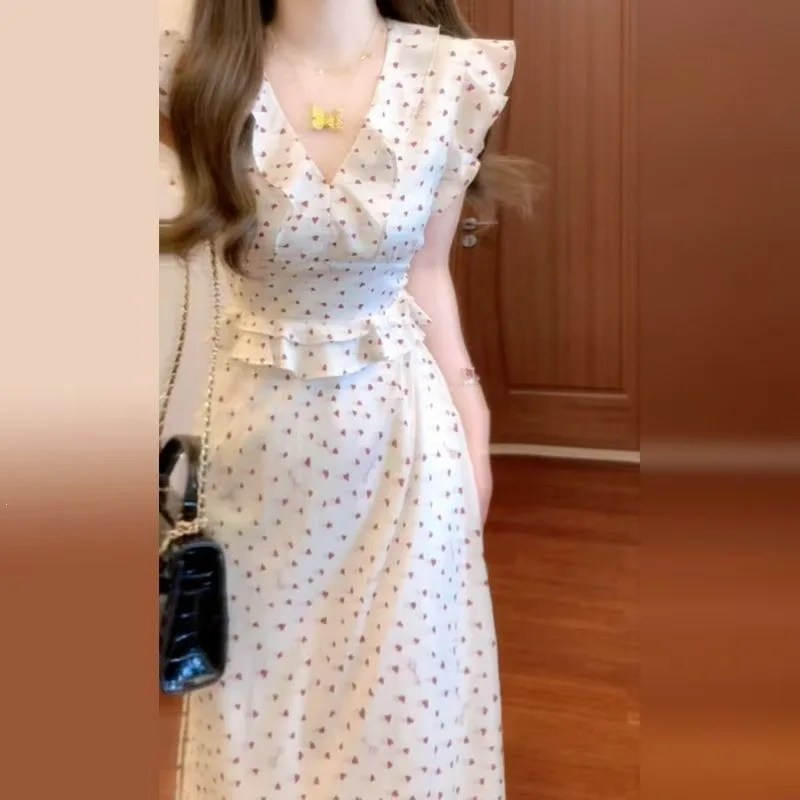 Elegant Chinese Style V-Neck Midi Dress Women Summer Slim Fit Knee-Length Polka Dot Fish Tail Dress High Waist Knitted Cotton 2
