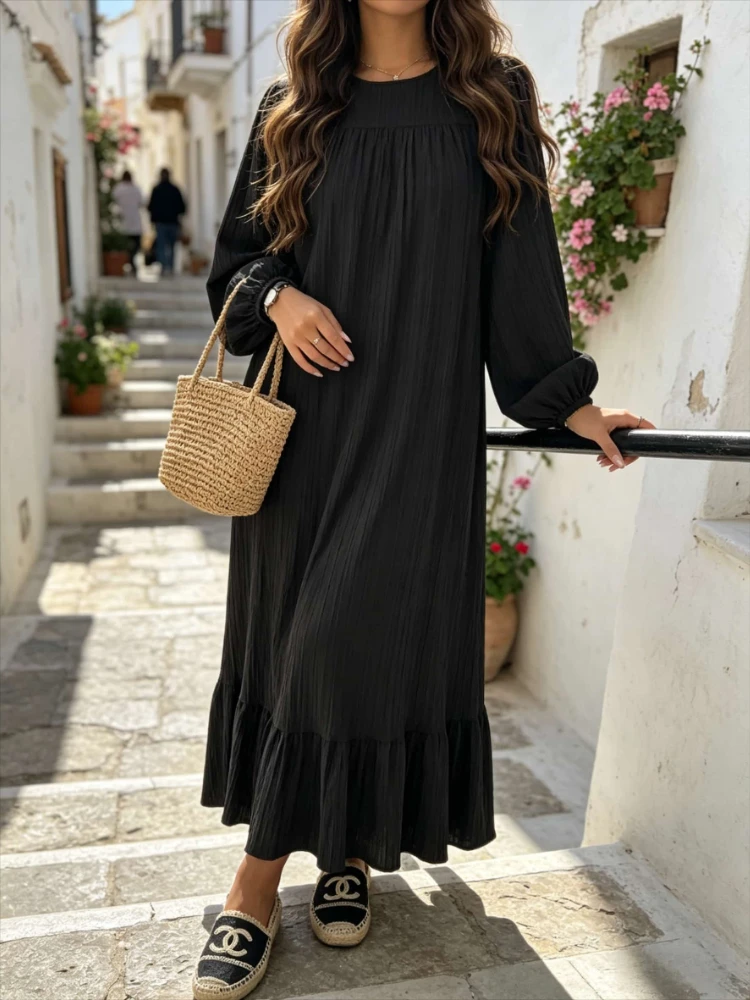 Women’s Spring-Summer Textured Long Sleeve Maxi Dress Round Neck, Ruffle Hem, Loose Fit, Casual Boho Style, Vacation Beach Wear 2
