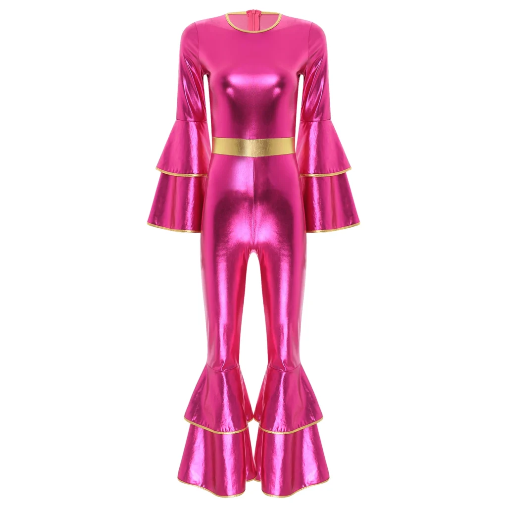 Womens 70S Disco Vintage Jumpsuit Metallic Shiny Flare Sleeve Bodysuit Hippie Bell Bottom Jazz Dance Carnival Rave Party Costume 3